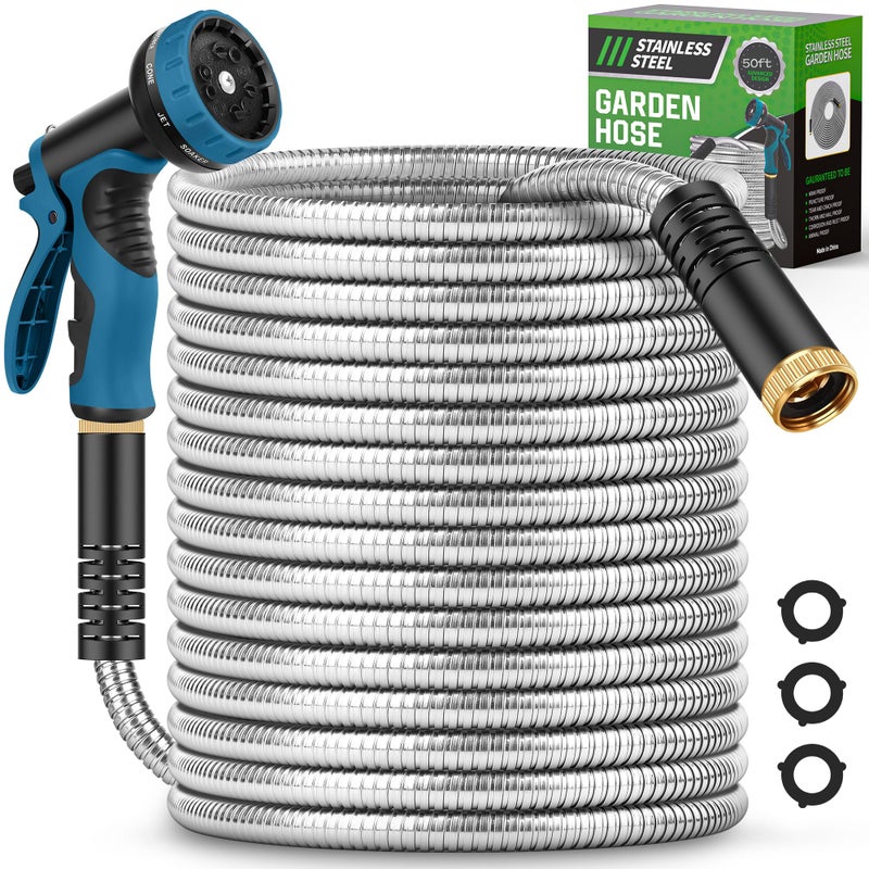 Advinski Garden Hose 50FT  Water Hose with 10 Function Nozzle  Garden Hose Metal with Leak-proof Connectors  No-Kink  Lightweight  Puncture-proof  Pet-proof  Sturdy  550PSI  Hose for Outdoor  Yard - Image 1